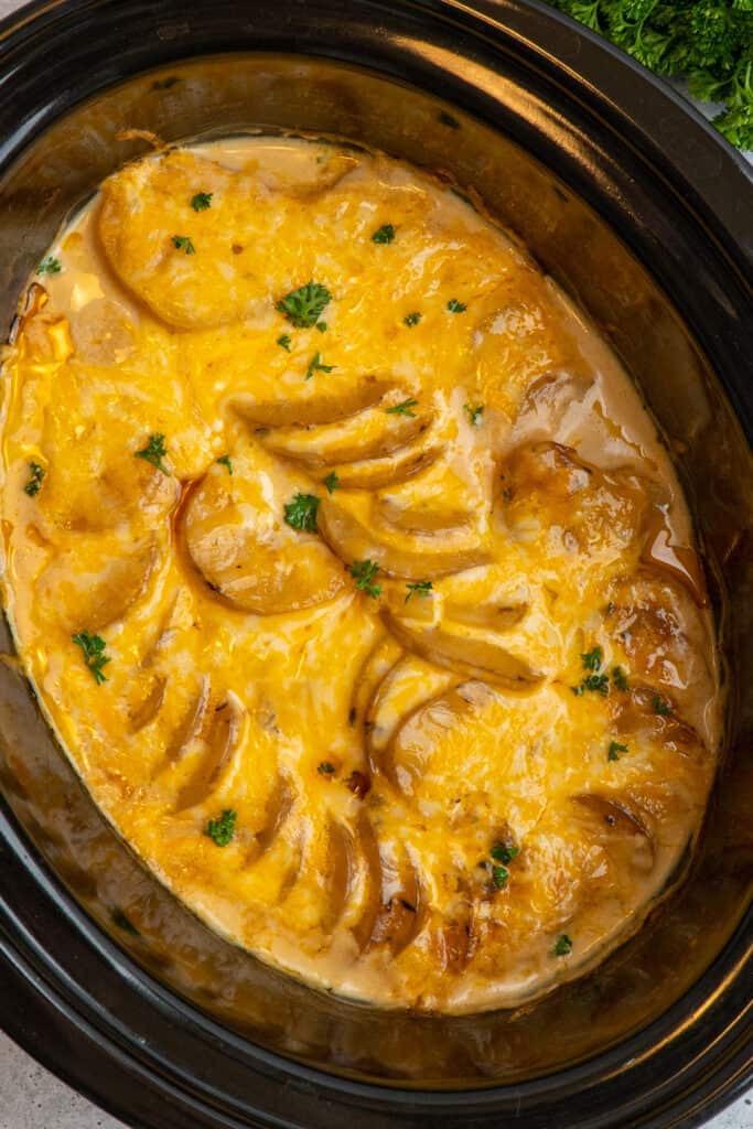 Cheesy scalloped potatoes in a crock pot garnished with fresh parsley.