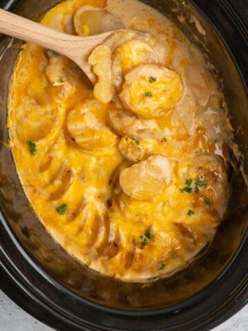 Close up of cheesy scalloped potatoes in a slow cooker.