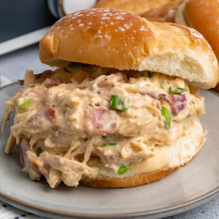 Crock Pot crack chicken on a fresh potato bun on a plate with the top bun half off.