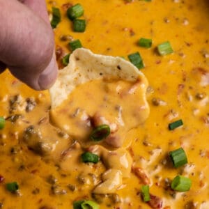 Close up of rotel dip on a tortilla chip being held over a crock pot.