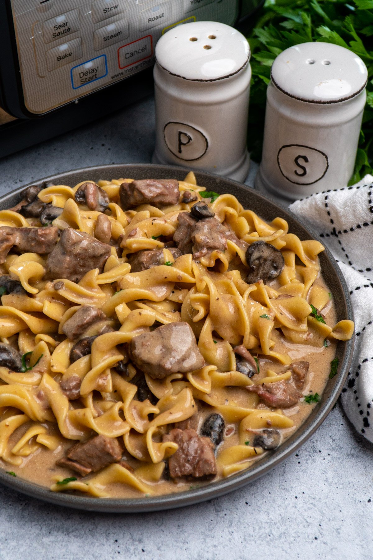 Close up of Crock-Pot beef stroganoff on a grey plate with salt and pepper shakers in the background.
