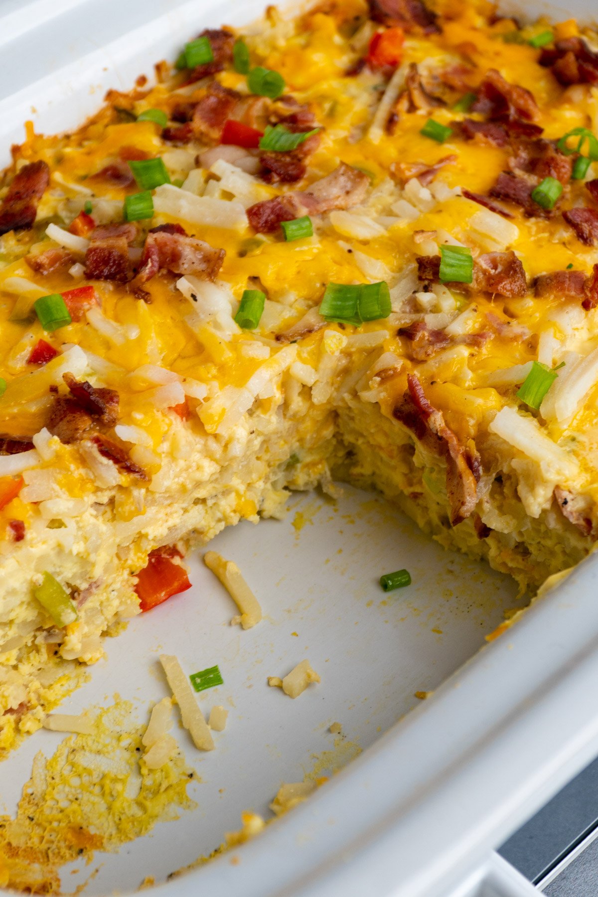 Close up of Crock-Pot breakfast casserole to show off what is inside.