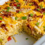 Close up of Crock-Pot breakfast casserole to show off what is inside.