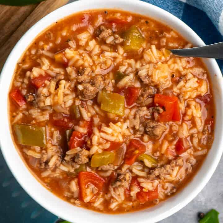 Crock pot stuffed pepper soup in a white bowl.