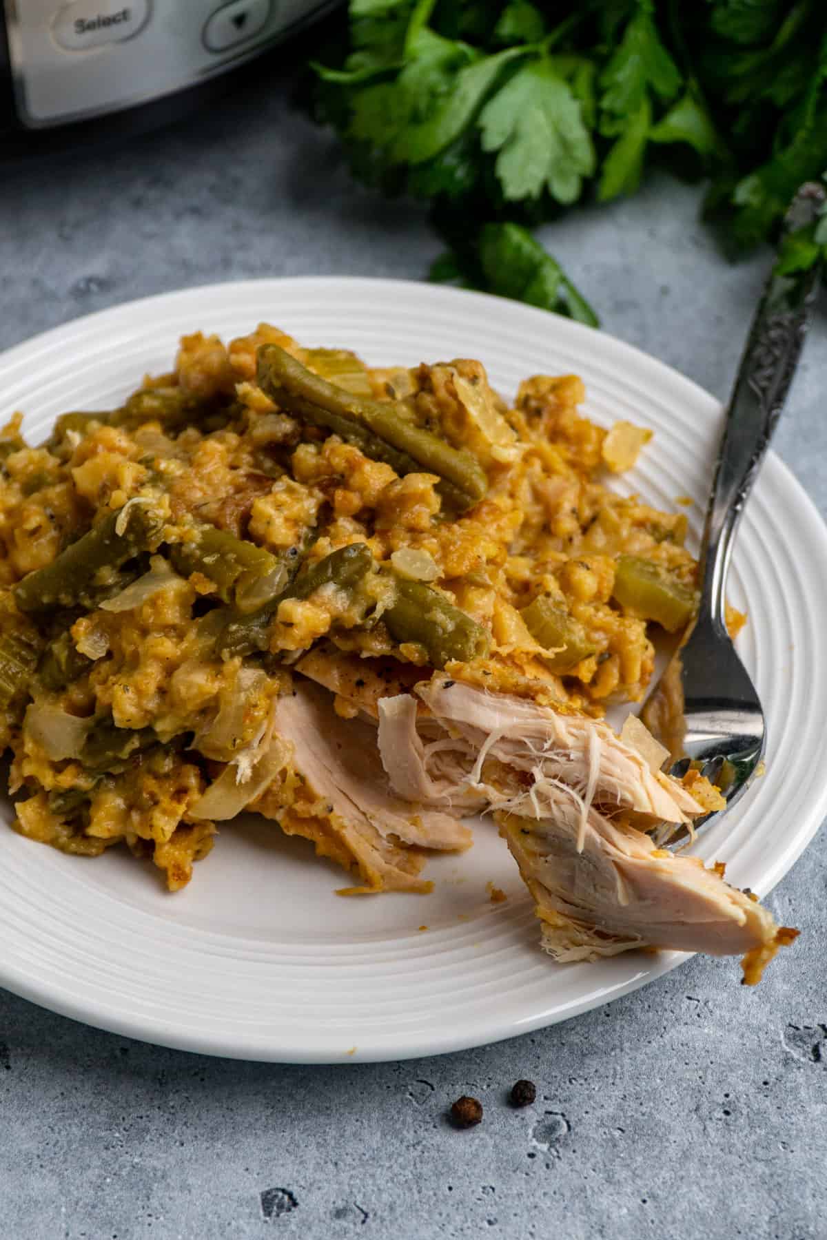 Crock Pot chicken and stuffing on a plate with a piece of chicken on a fork.