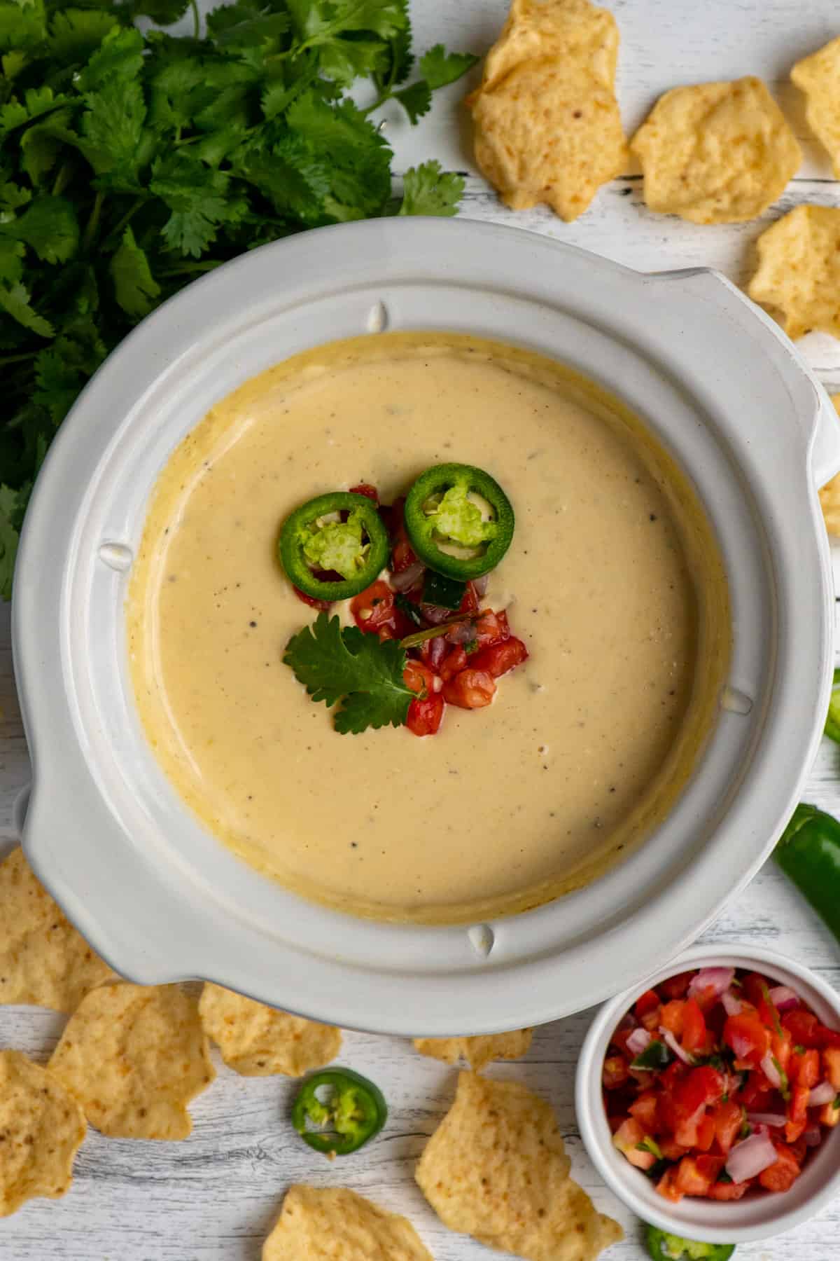Overhead look at white queso dip in a slow cooker with pico de gallo on top.