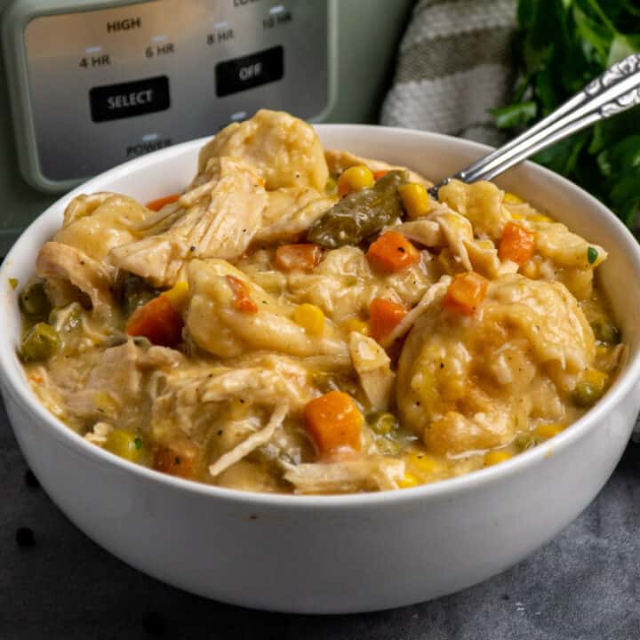 Close up of crock pot chicken and dumplings in a white bowl.