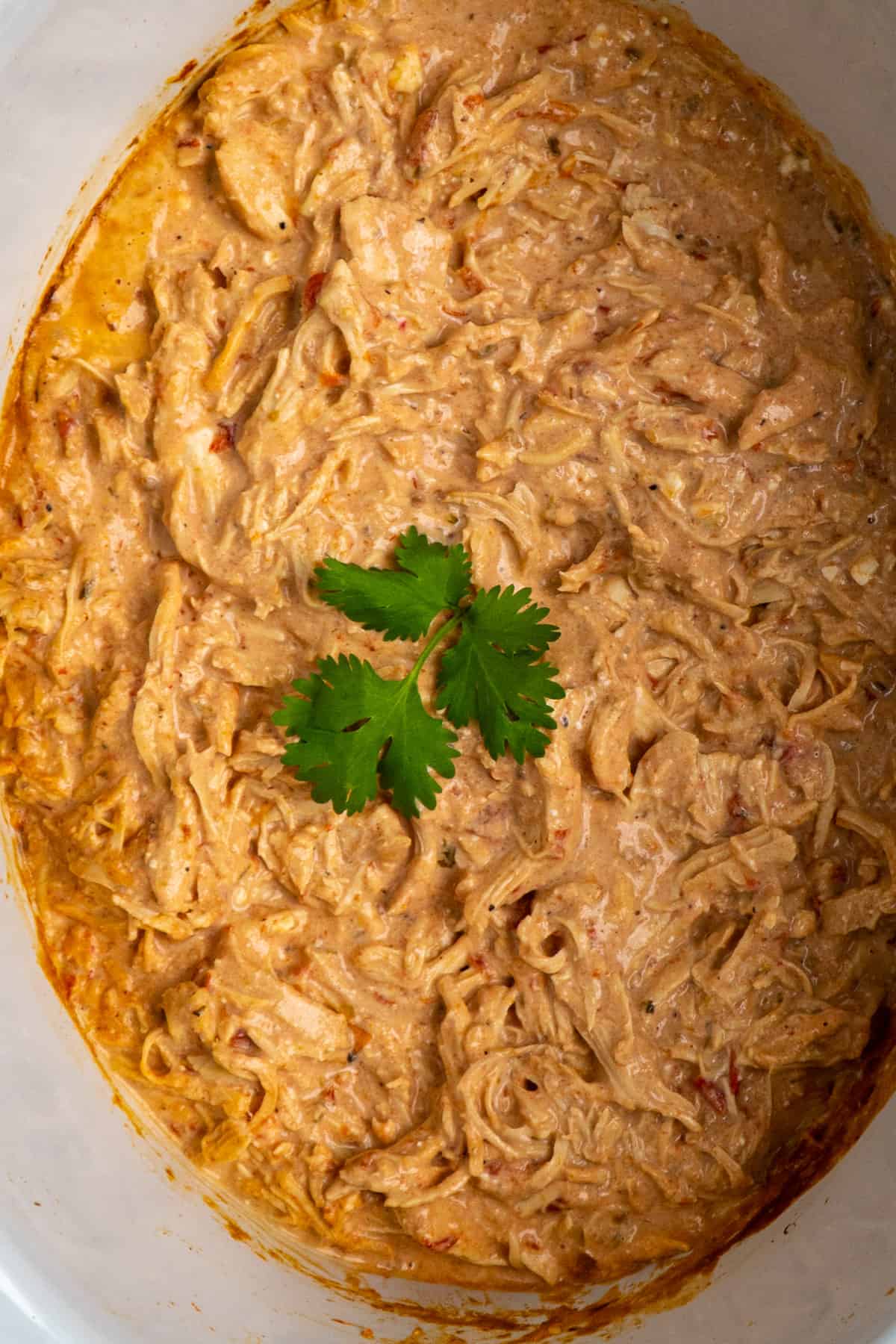 Overhead look at creamy salsa chicken in a white slow cooker.