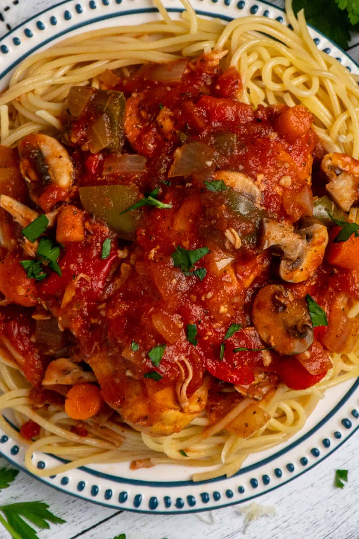 Close up of slow cooker chicken cacciatore on a plate of pasta.