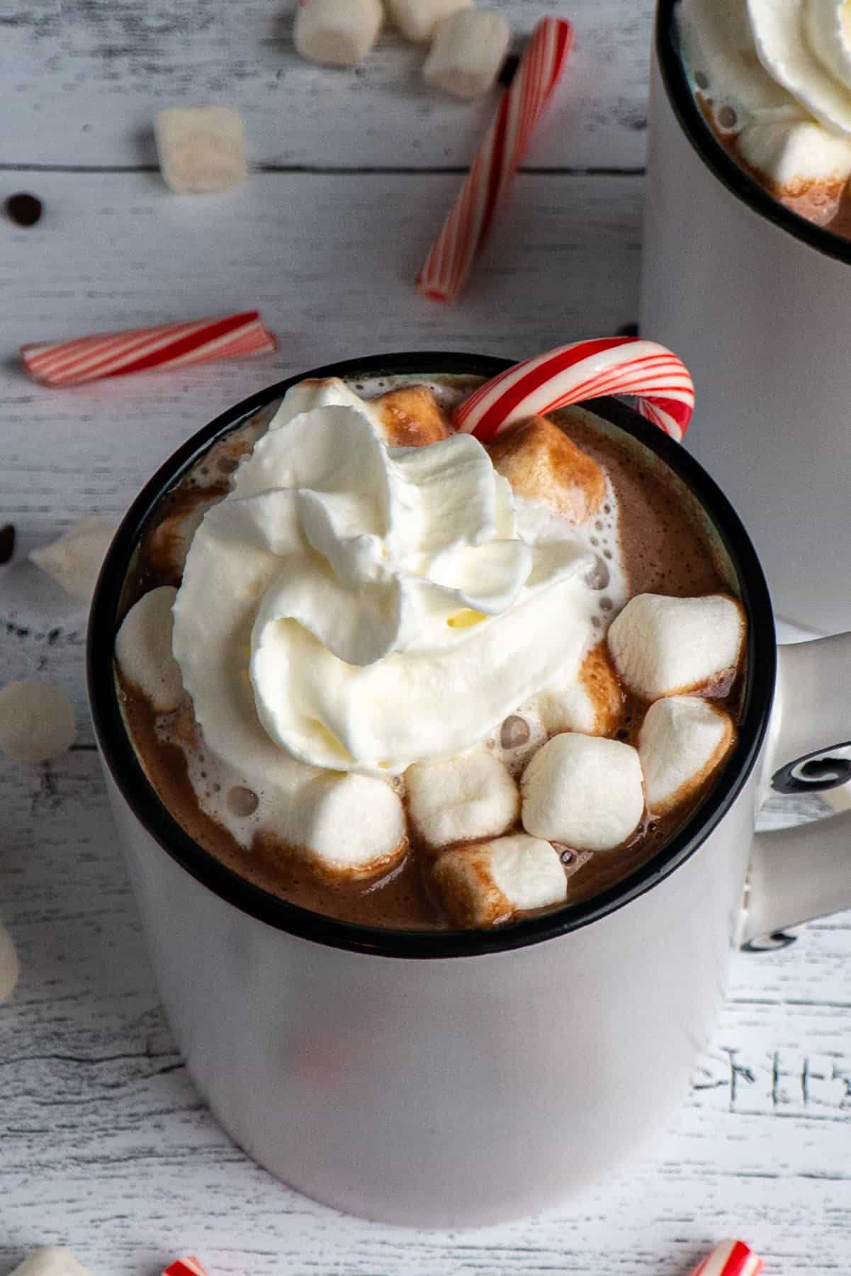 Slow cooker hot chocolate in a white mug with marshmallows, candy cane and whip cream on top