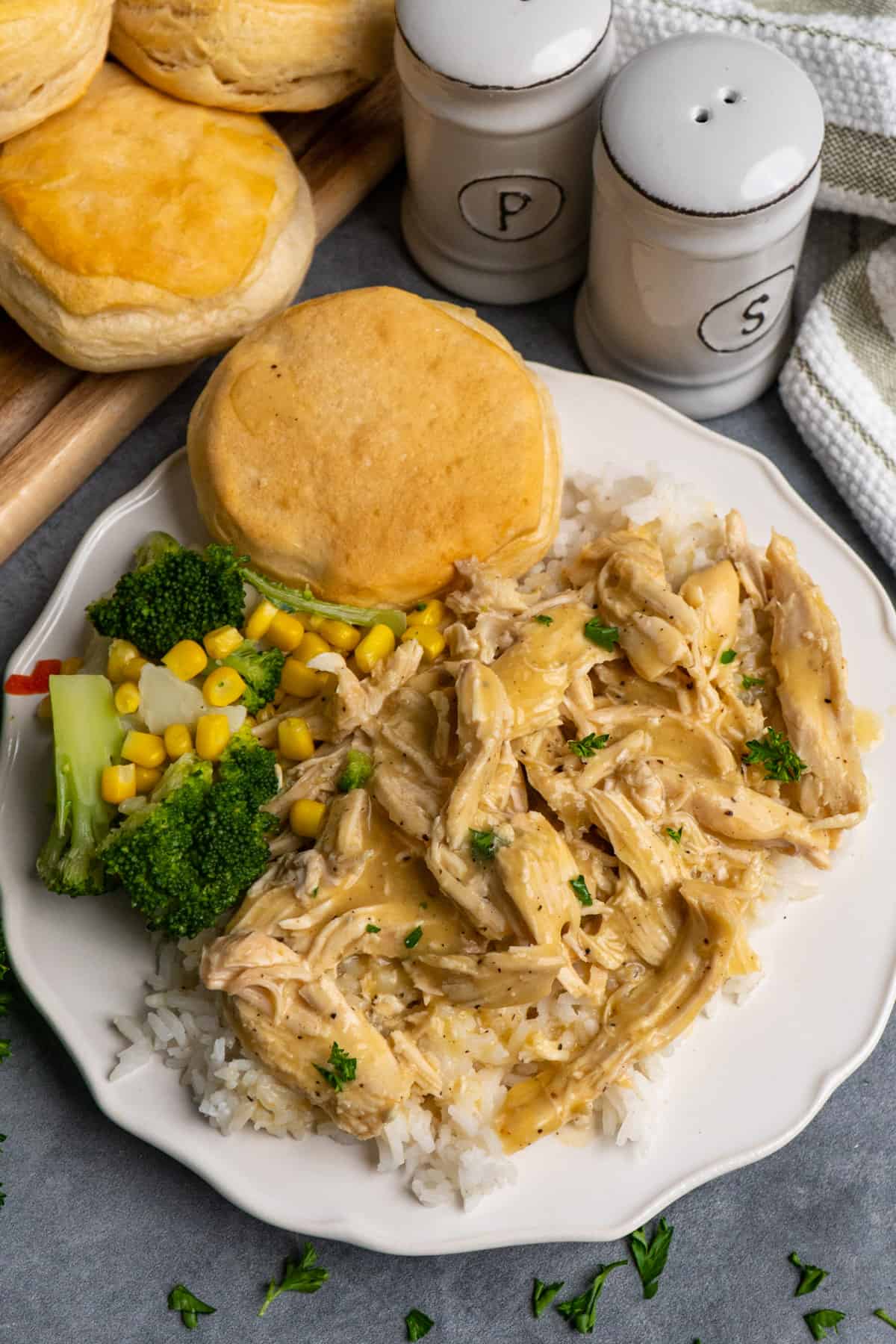Shredded chicken over rice with gravy on top.
