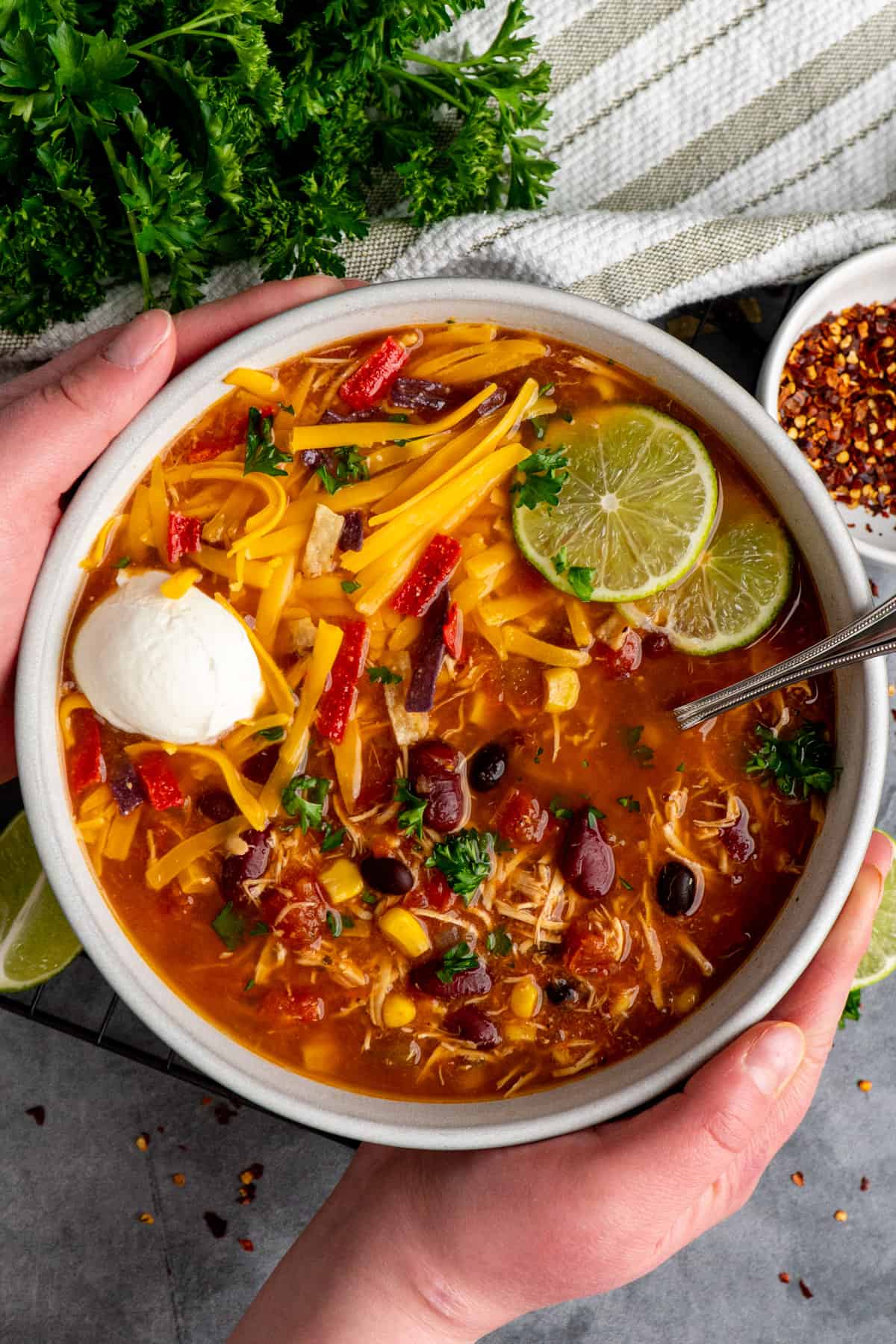 Two hands holding a bowl of chicken taco soup with toppings on it.