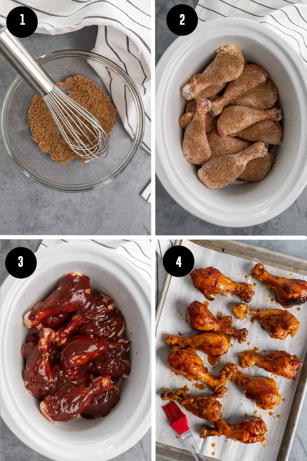 All the steps to make slow cooker chicken drumsticks.