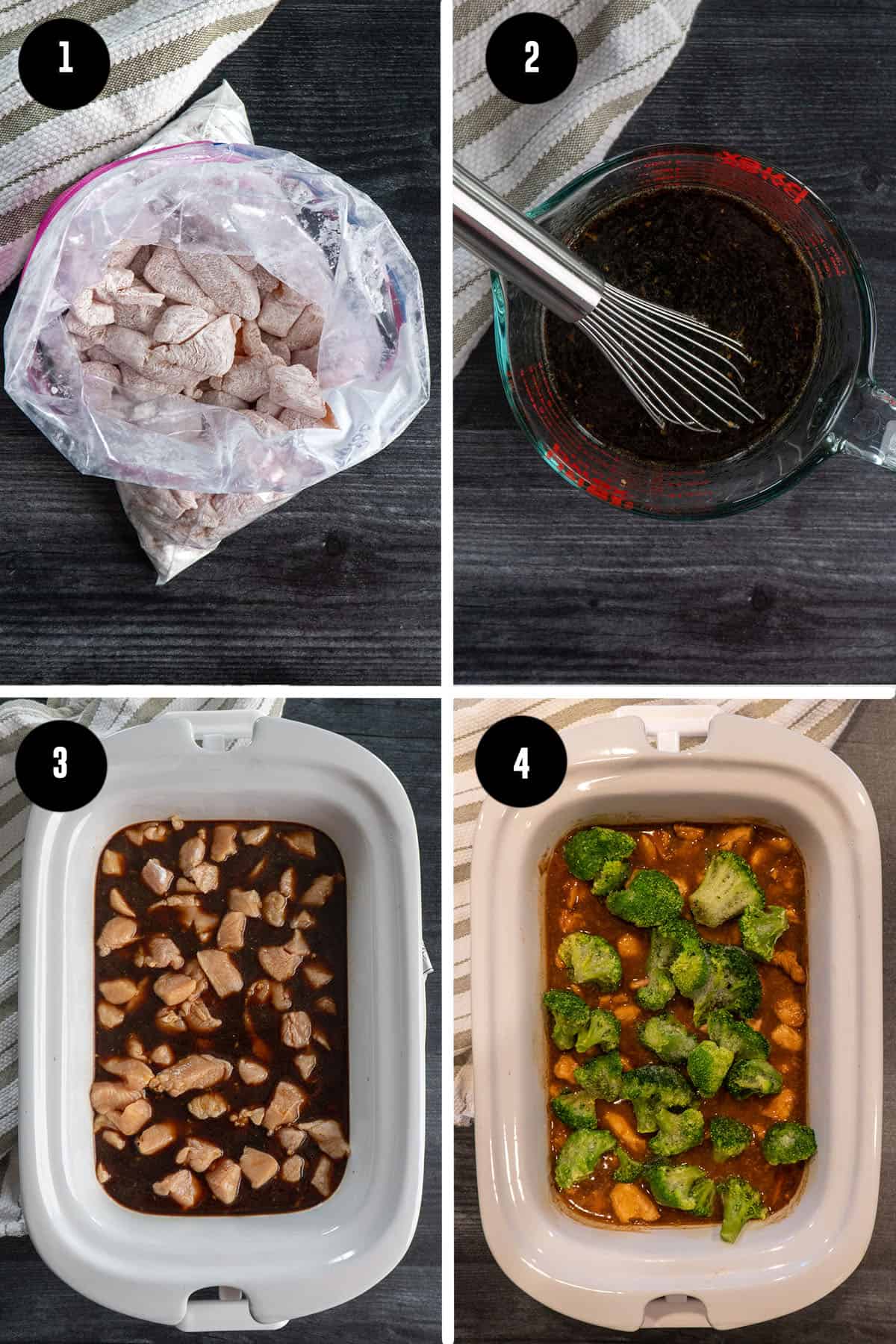 Image of all the steps to make Crock Pot chicken and broccoli.