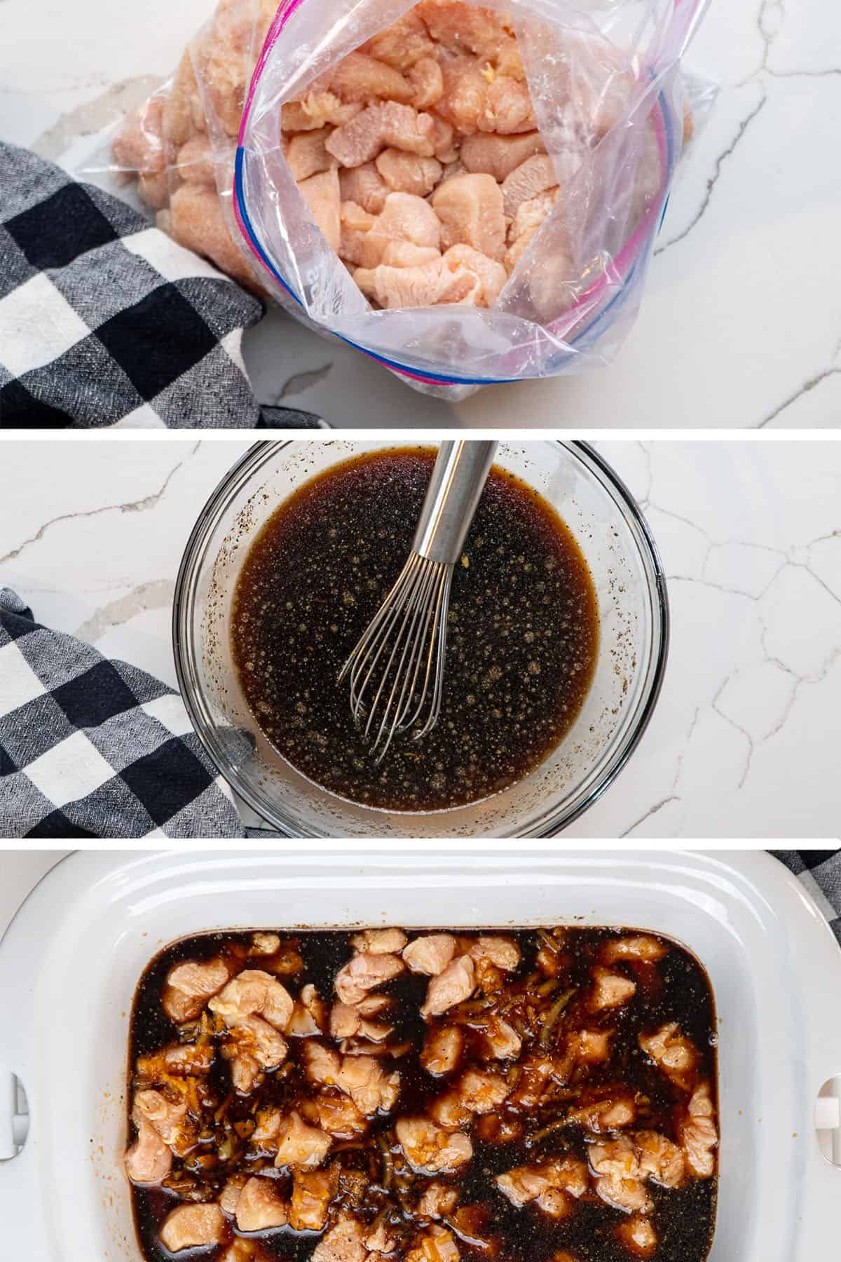 All the steps to make orange chicken in a slow cooker.