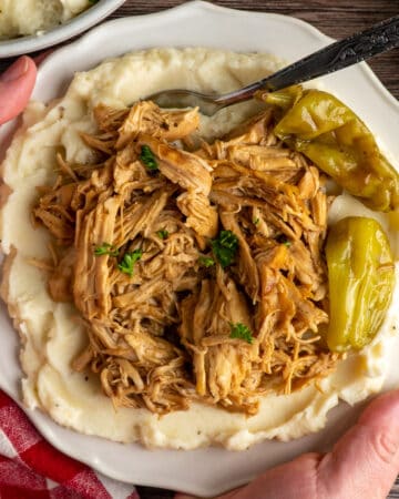Hands holding a plate with Crock Pot Mississippi chicken on mashed potatoes.