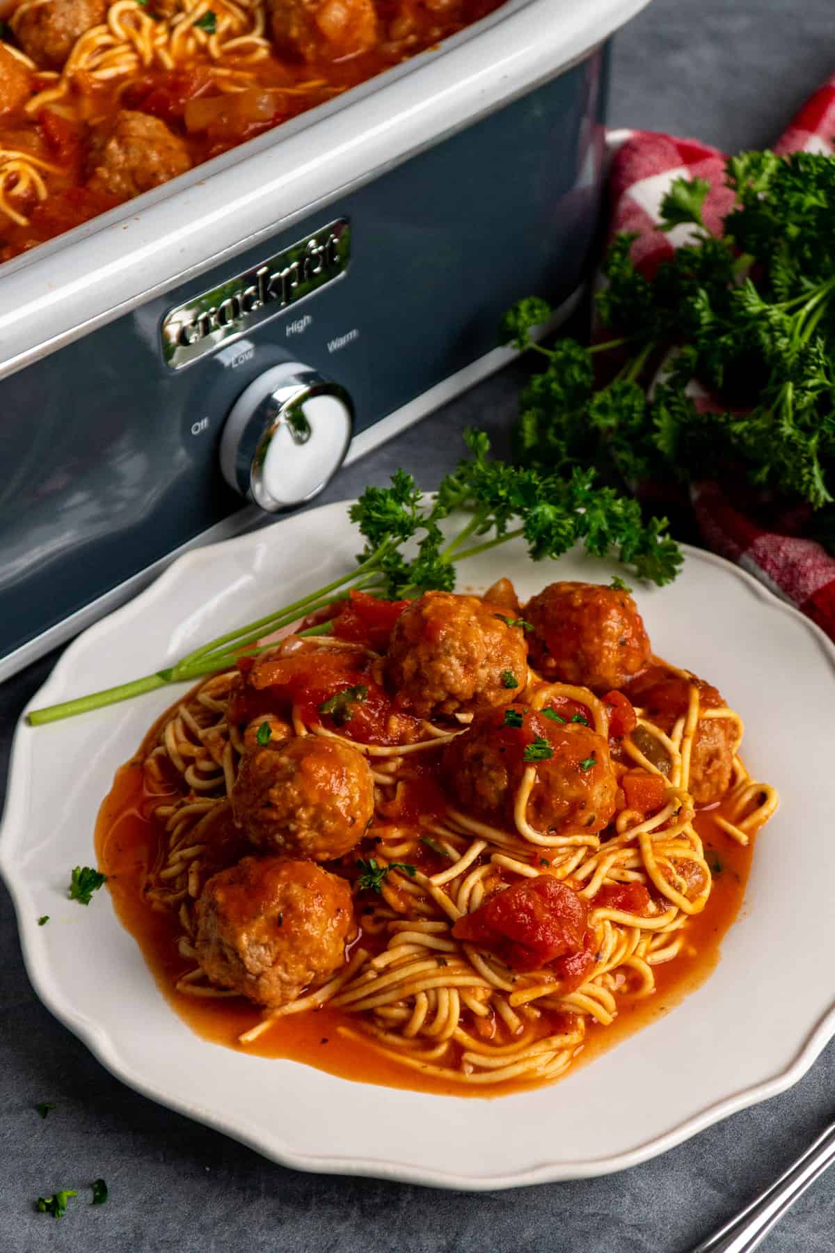 Close up of spaghetti and meatballs on a plate with a slow cooker in the background.