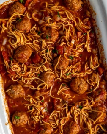 Overhead look at crock pot spaghetti and meatballs.