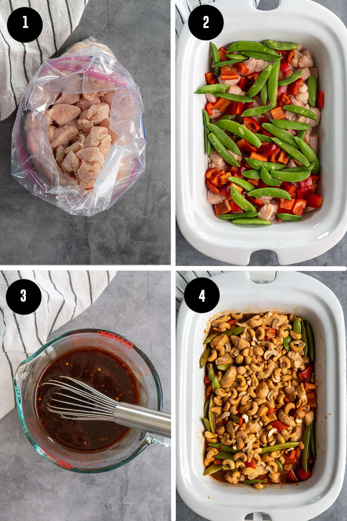 All the steps on how to make slow cooker cashew chicken.