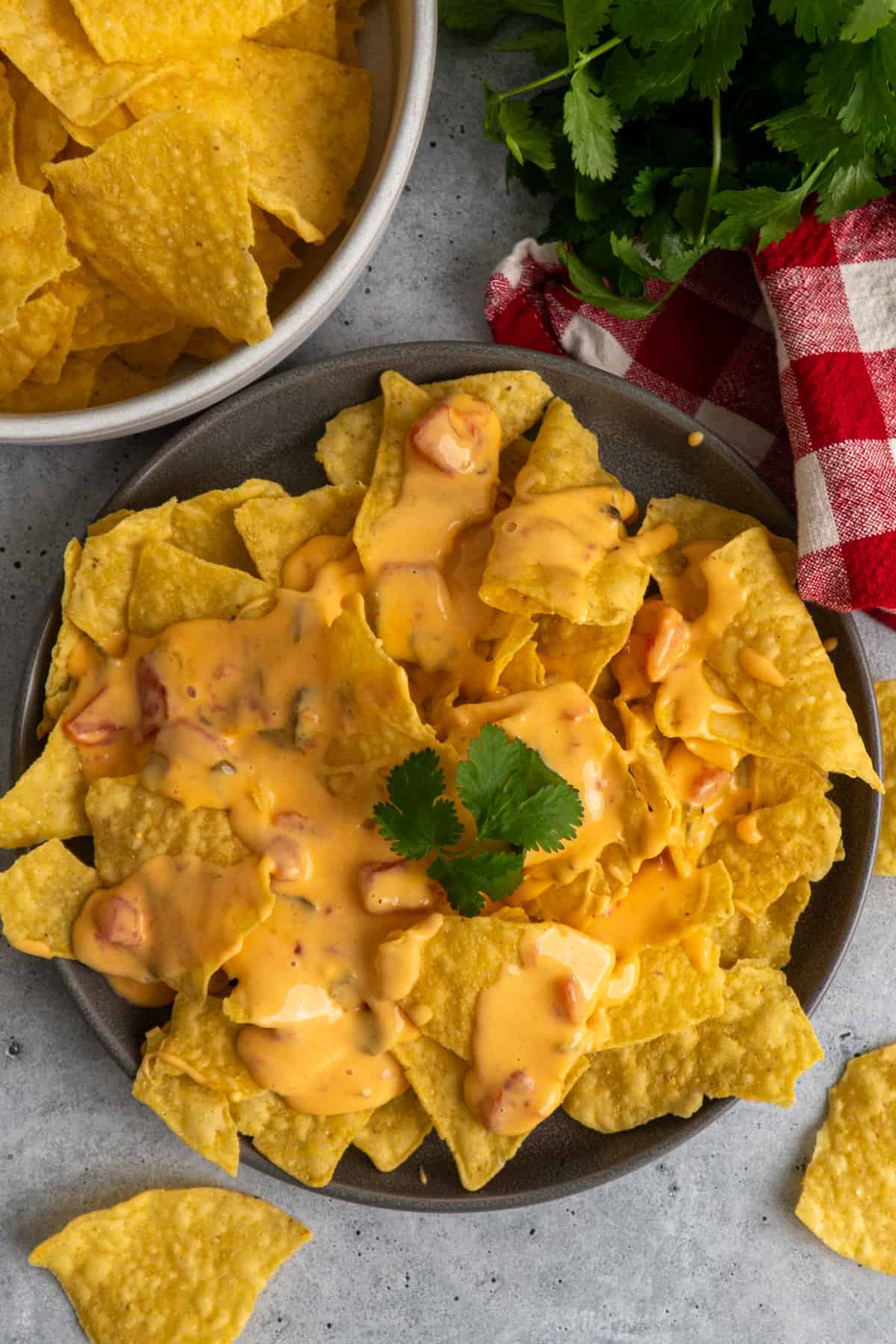 Queso cheese dip on top of tortilla chips.