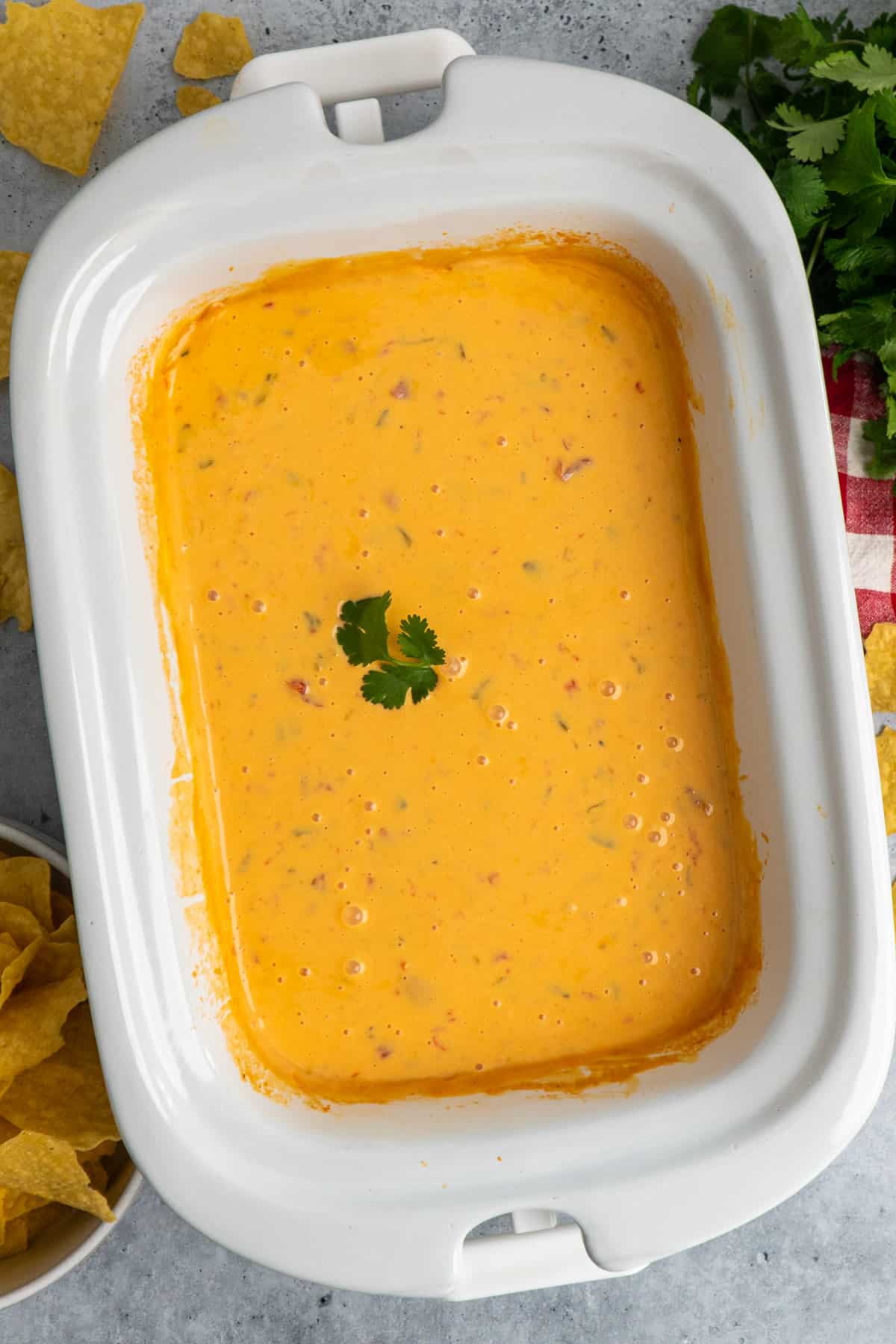 Velveeta cheese dip in a white slow cooker.