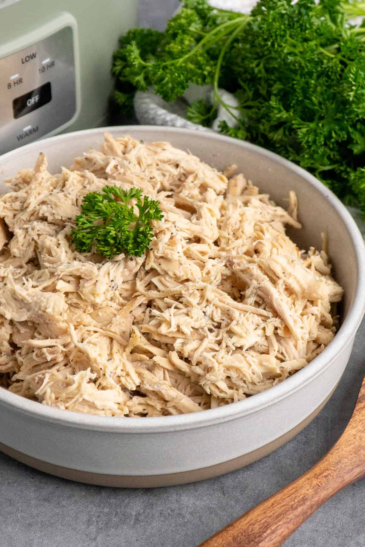 Crock Pot shredded chicken in a bowl garnished with parsley.