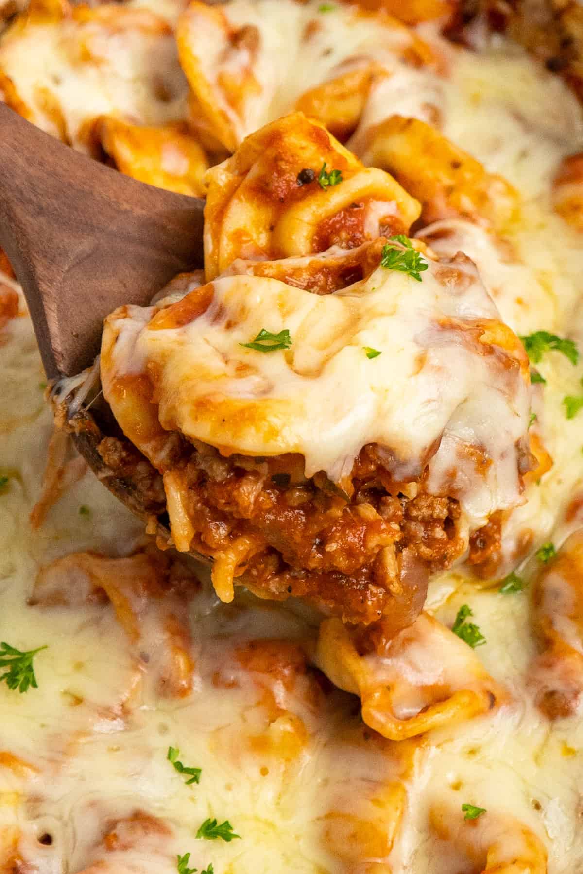 A wooden spoon holding cheesy tortellini in a meat sauce.