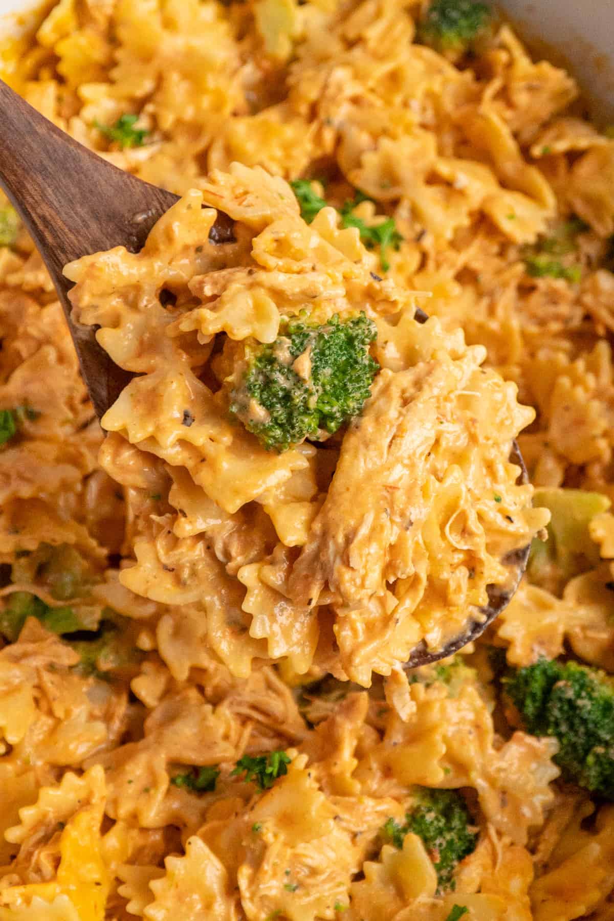 A wooden spoon holding crock pot creamy chicken pasta.