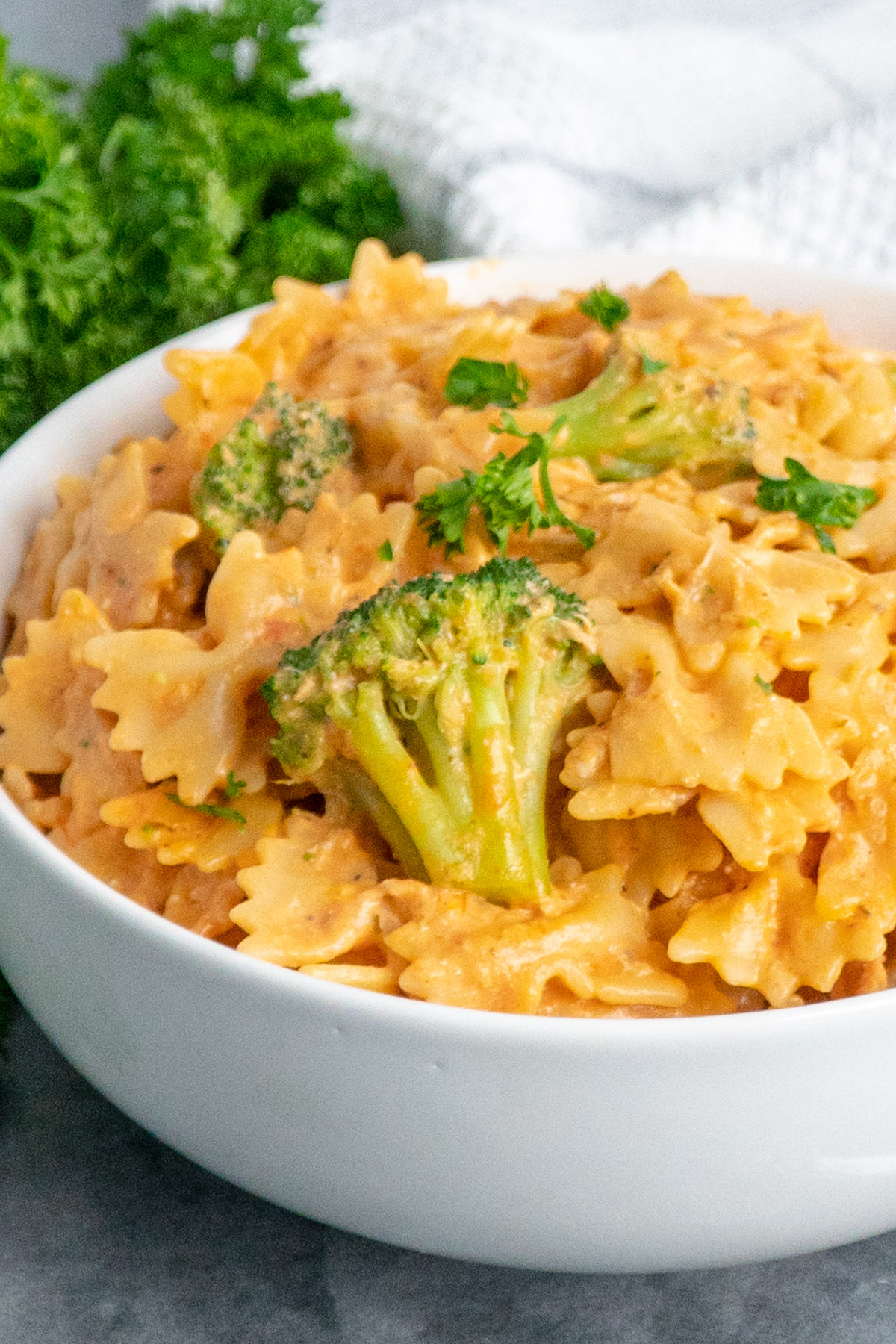 Close-up creamy chicken pasta in a white bowl.