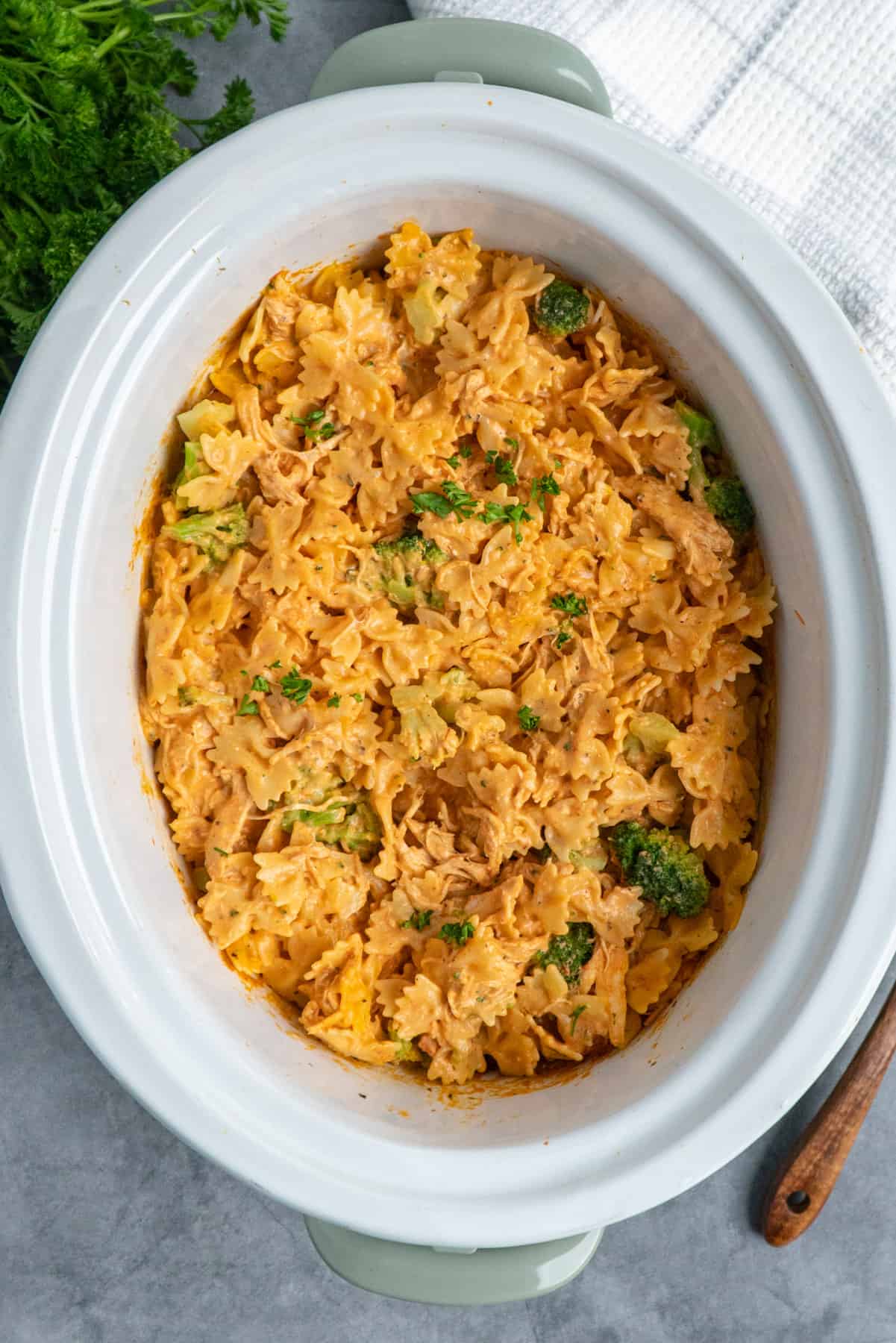 Overhead image of creamy chicken pasta in a white crock pot.