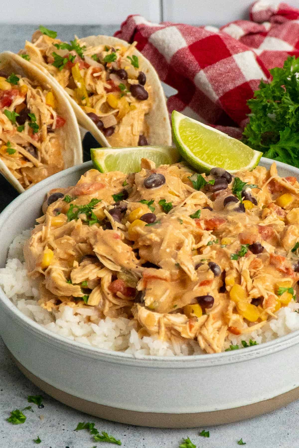 Fiesta chicken over rice and in tacos.