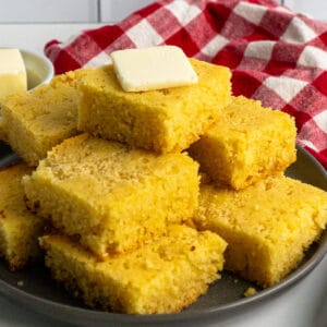 Crock pot cornbread stacked on top of each other.