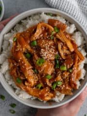 Overhead, look at crock pot huli huli chicken over a bowl of rice.