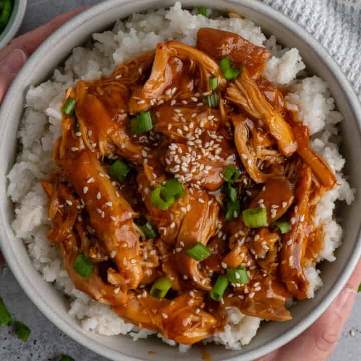 Overhead, look at crock pot huli huli chicken over a bowl of rice.