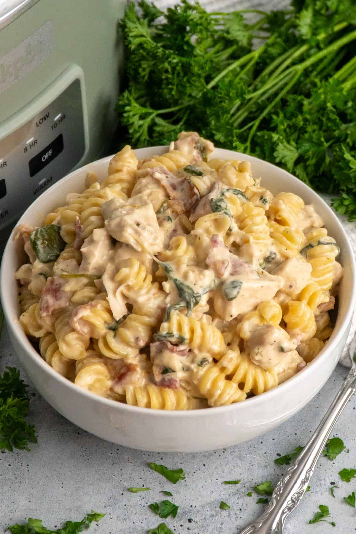 Close up of crock pot chicken bacon ranch pasta in a white bowl.