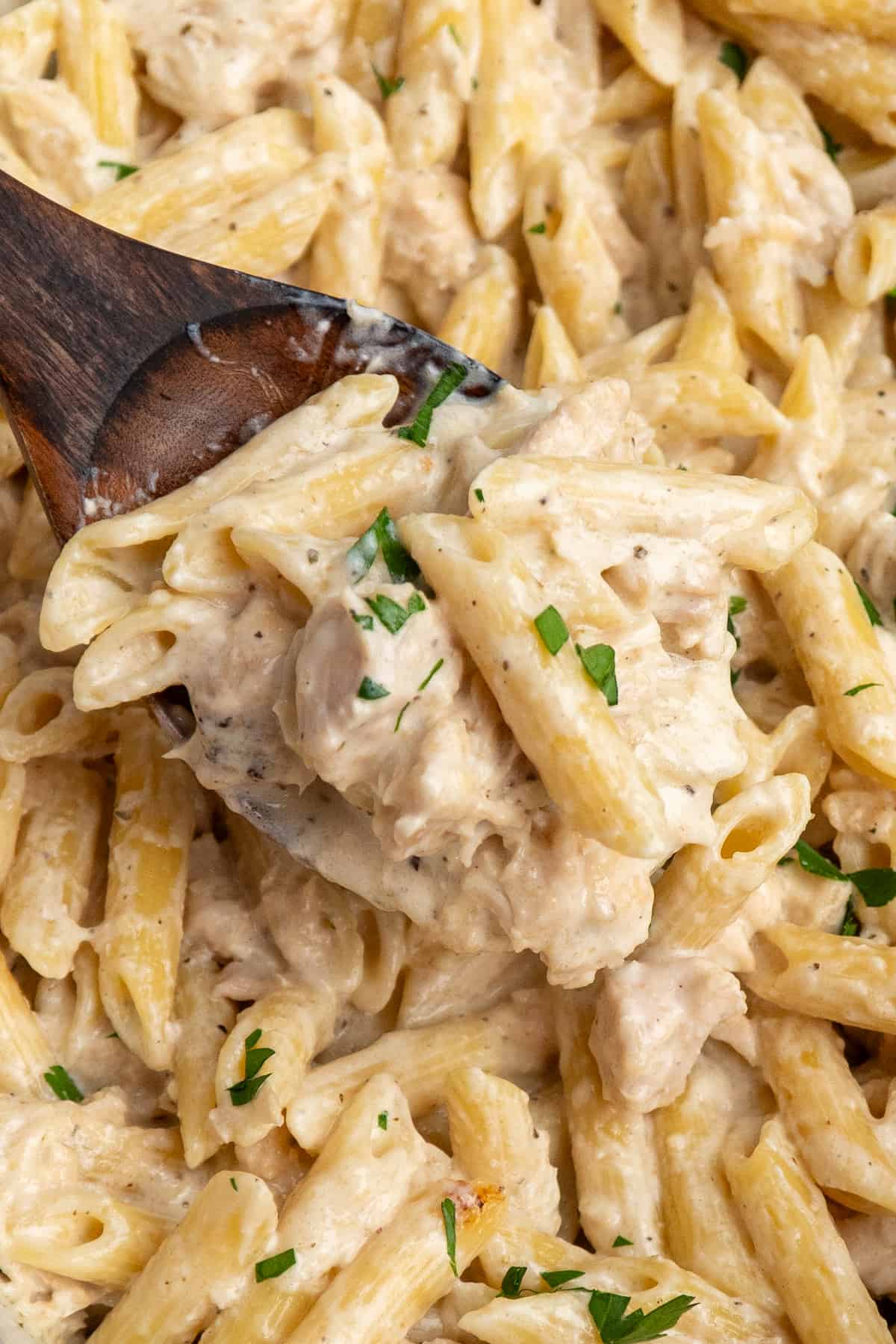 A wooden spoon holding a scoop of chicken alfredo over a crock pot.