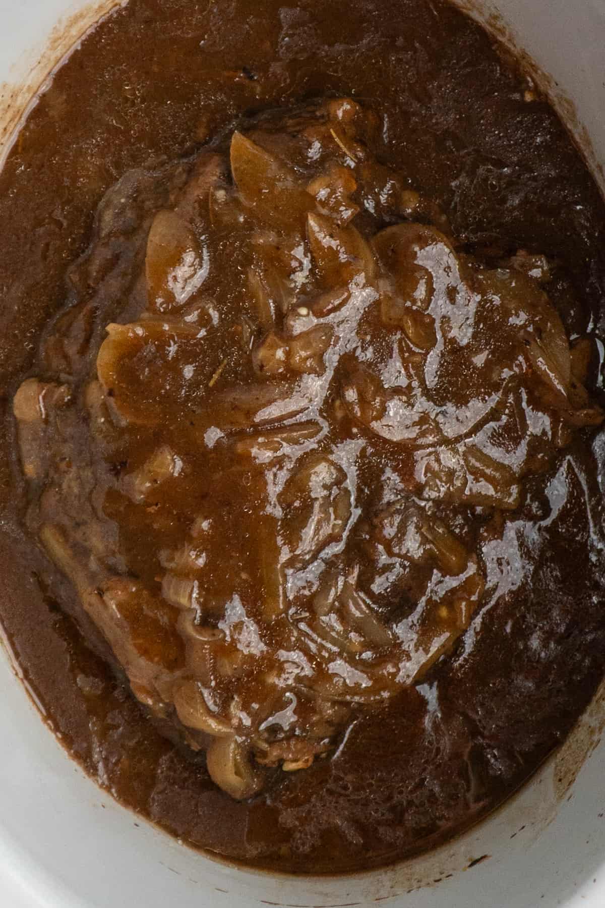 Close up of French onion pot roast.