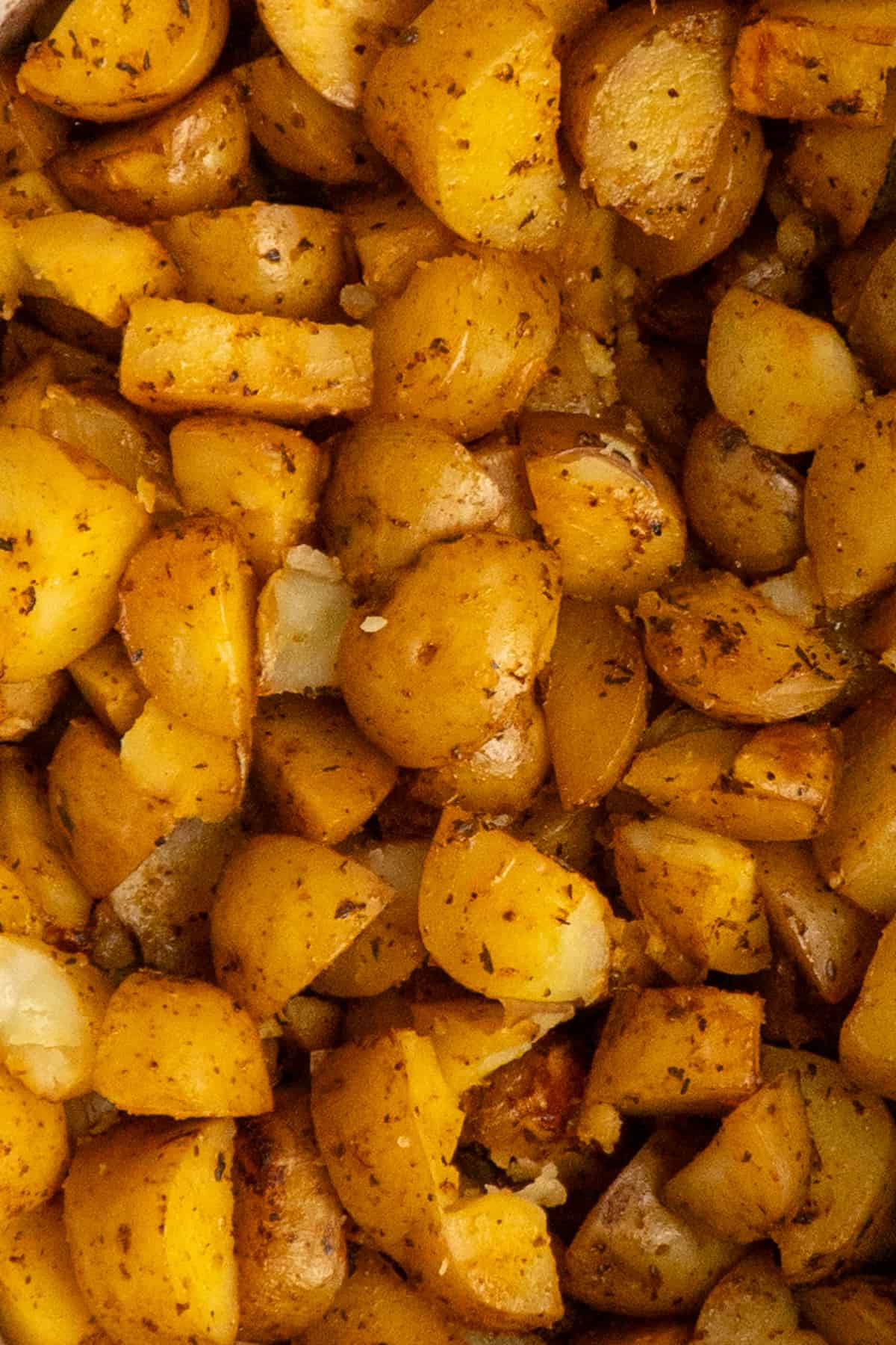 Close up of slow roasted potatoes.