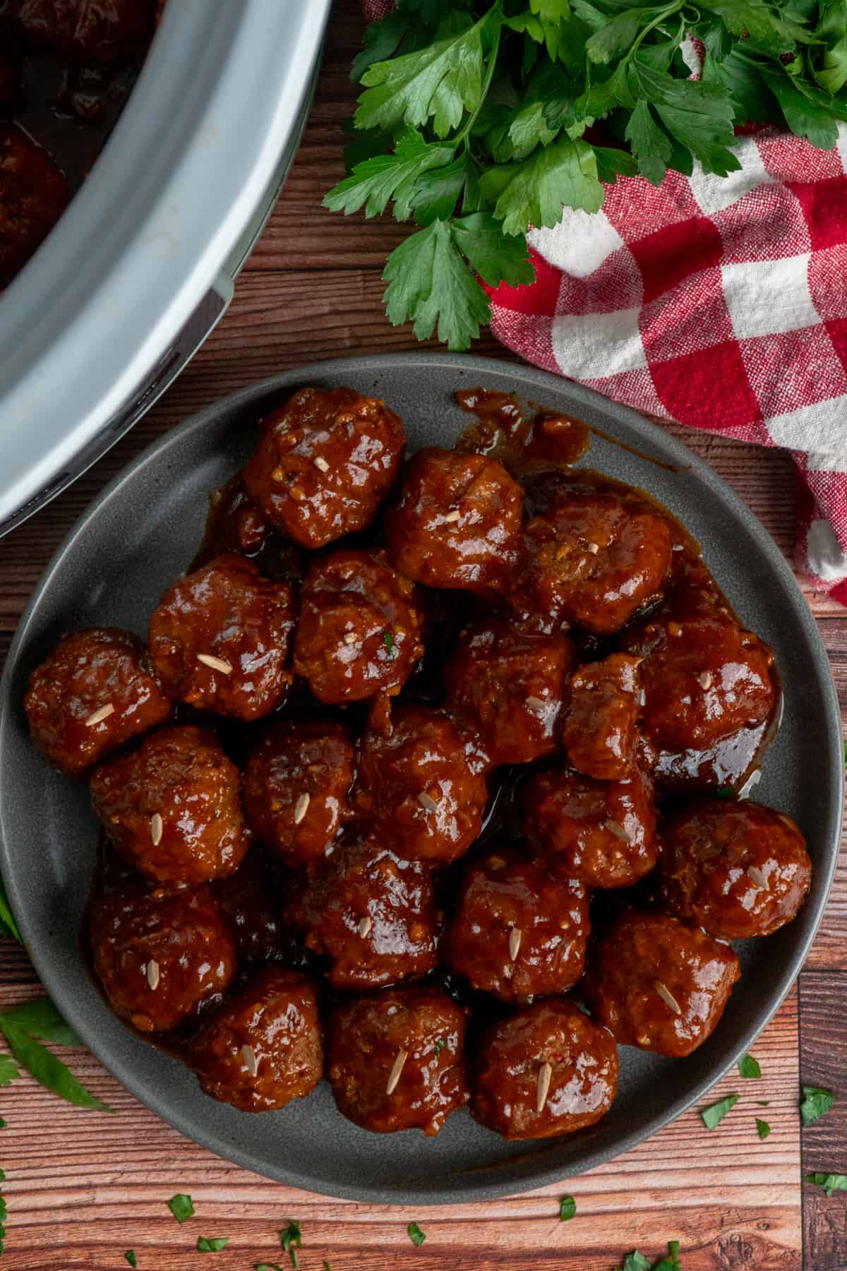 Overhead, look at BBQ meatballs on a plate.