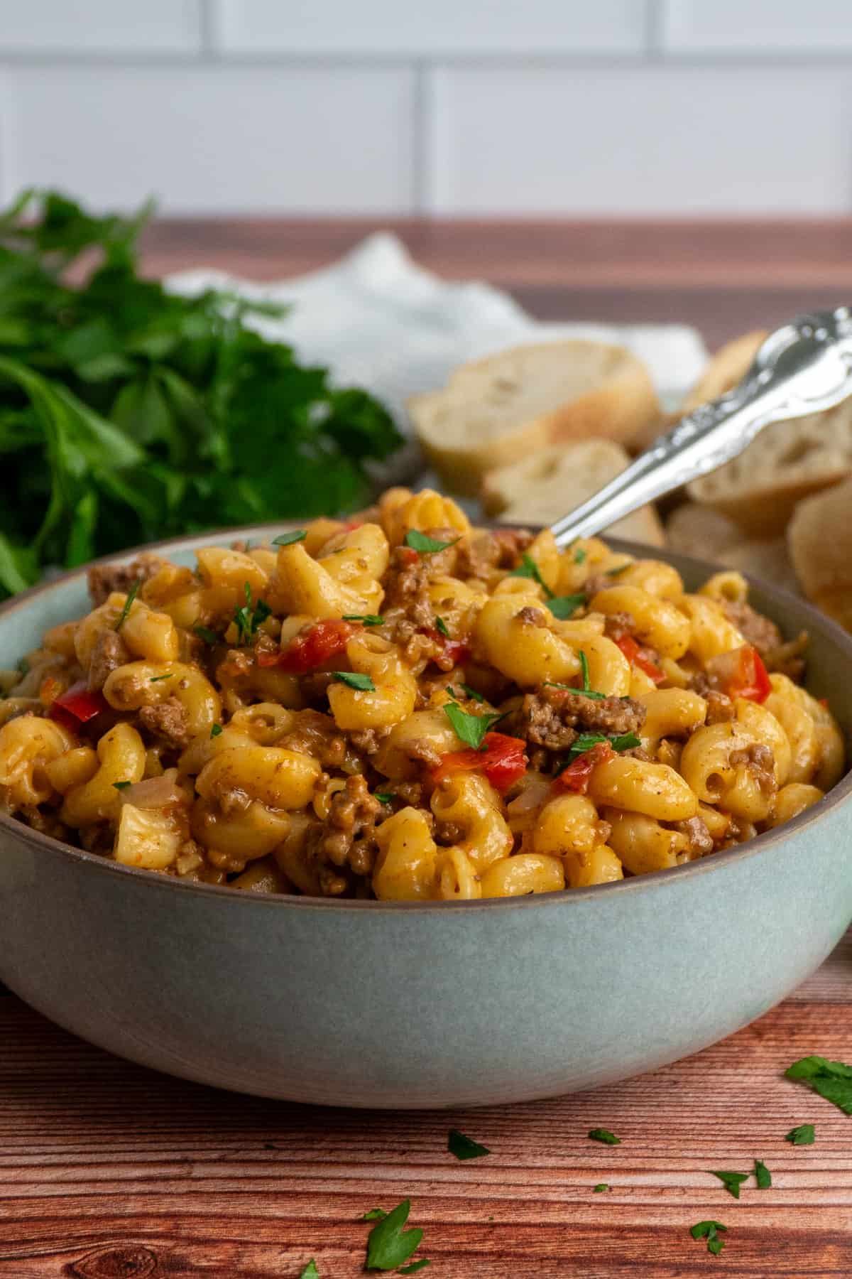 Close-up of crock pot hamburger helper in a bowl.