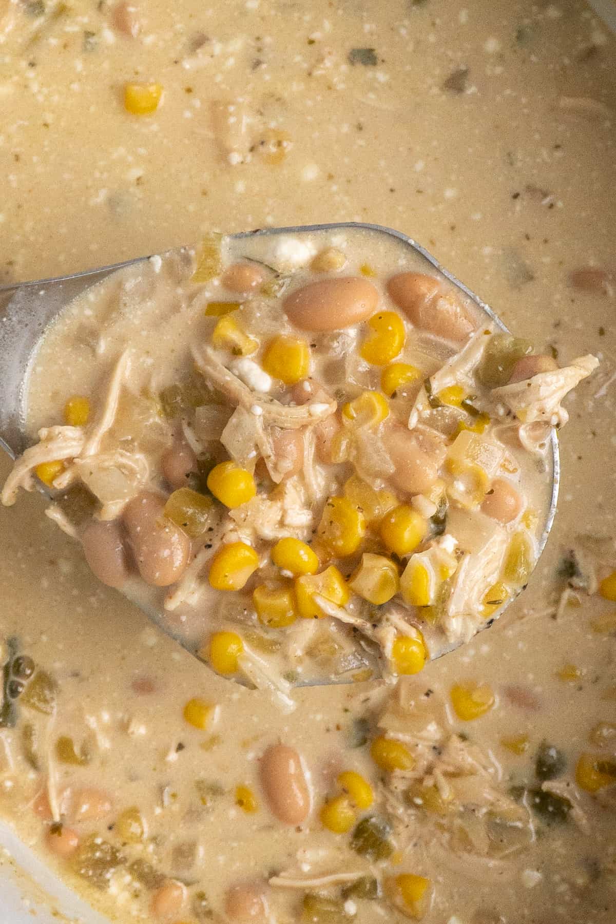 Close-up of white chicken chili in a ladle over a crock pot
