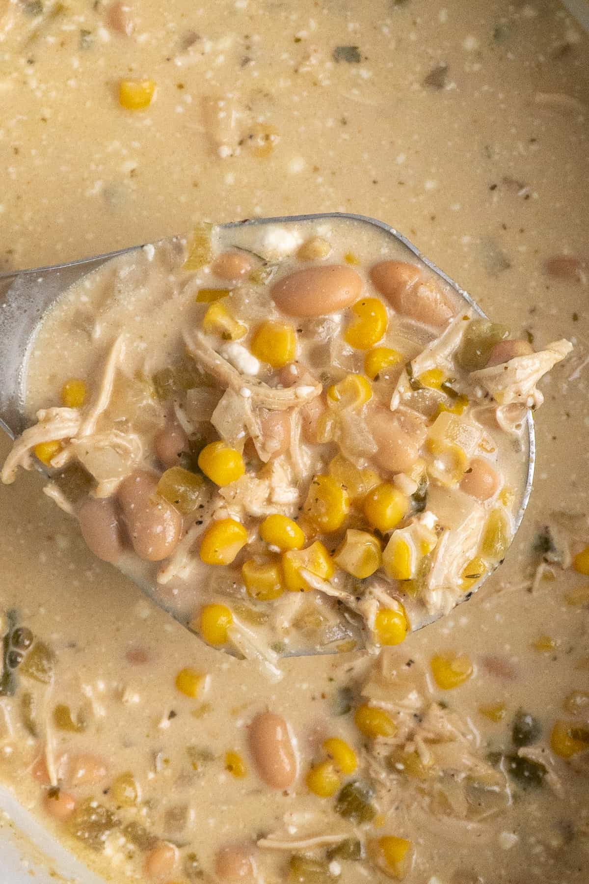 White chicken chili in a ladle over a crock pot.