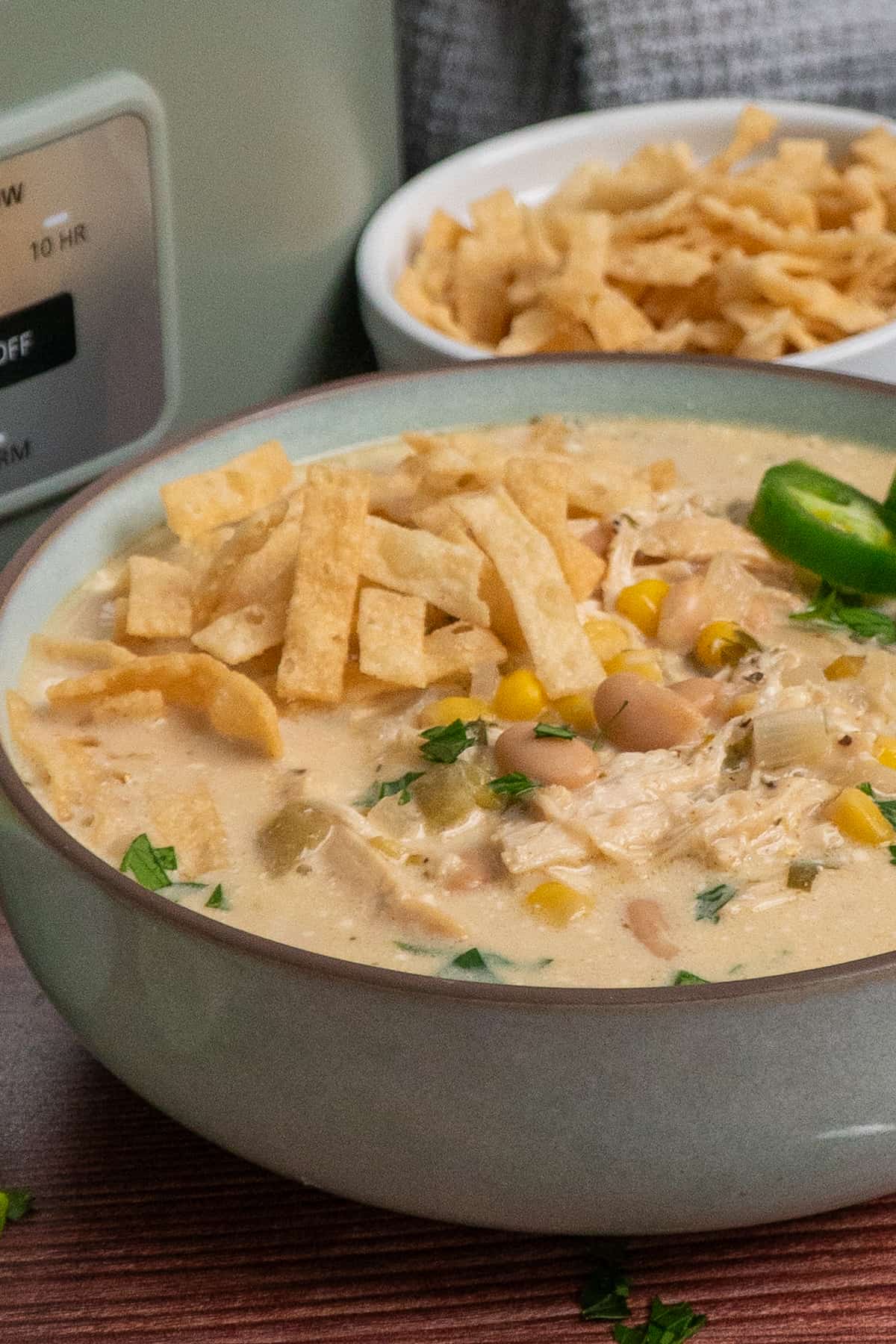 Close-up of a bowl of crock pot white chicken chili garnished with tortilla strips.