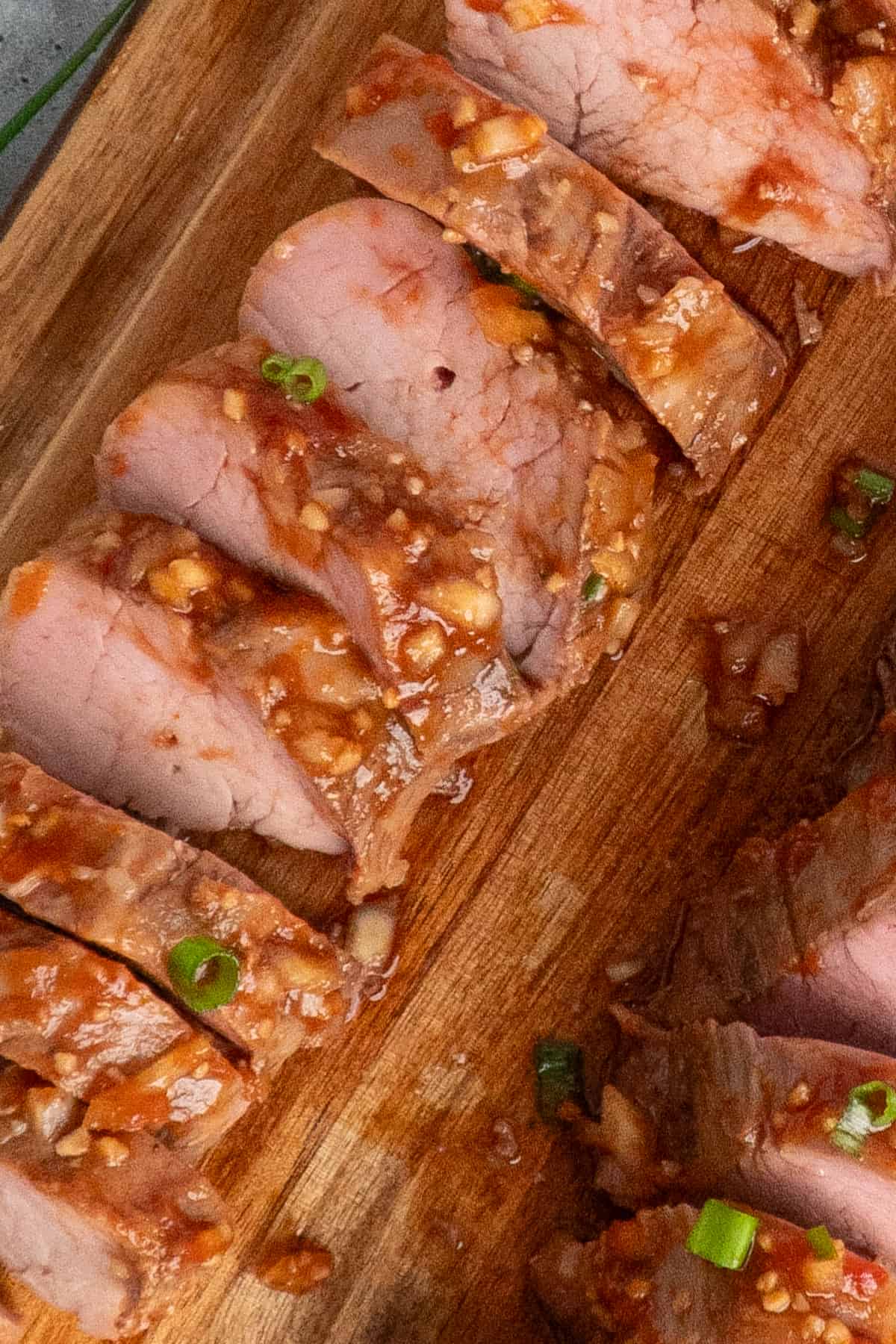 Close-up of sliced honey garlic pork tenderloin