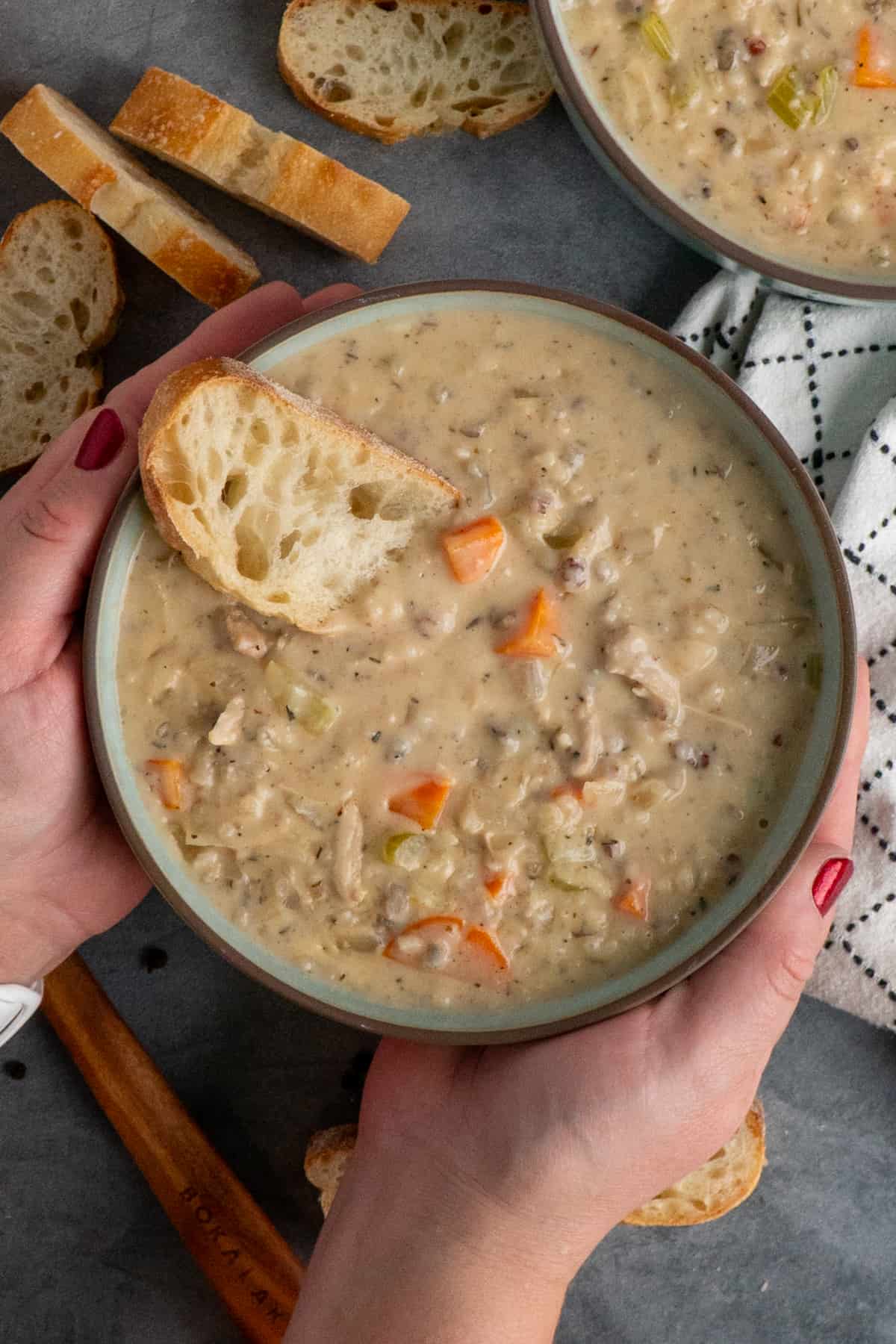 Hands holding a bow of chicken wild rice soup.