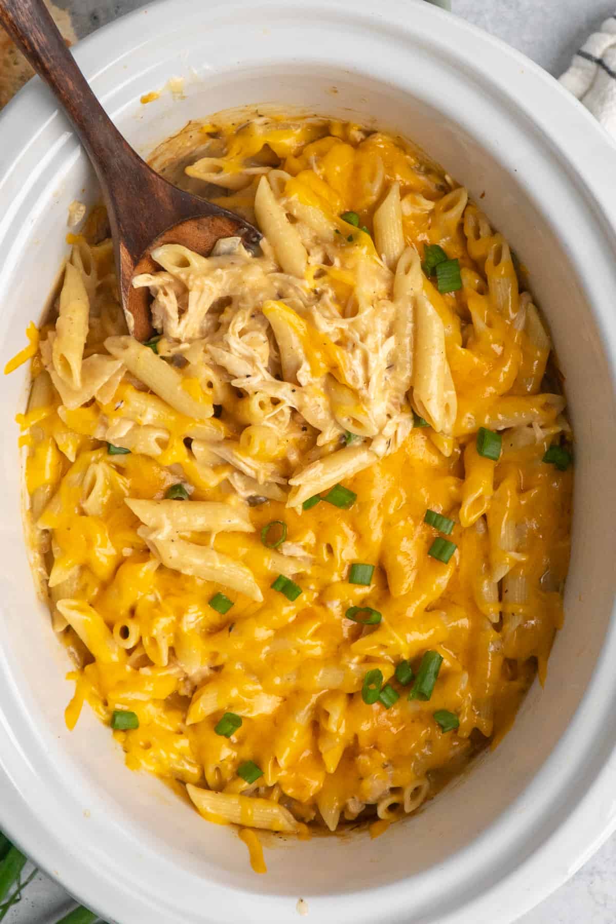 Overhead look at cheesy chicken penne pasta