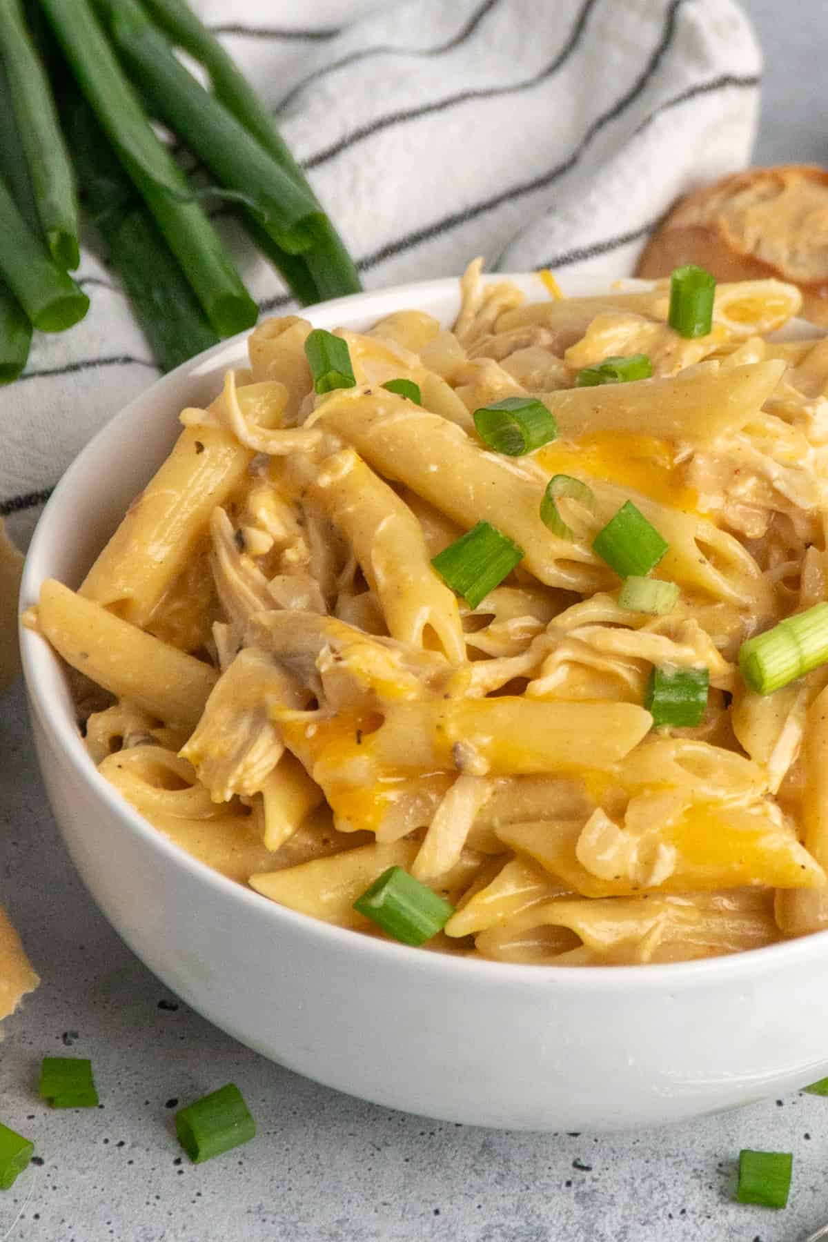 Close up of cheesy chicken penne pasta in a white bowl