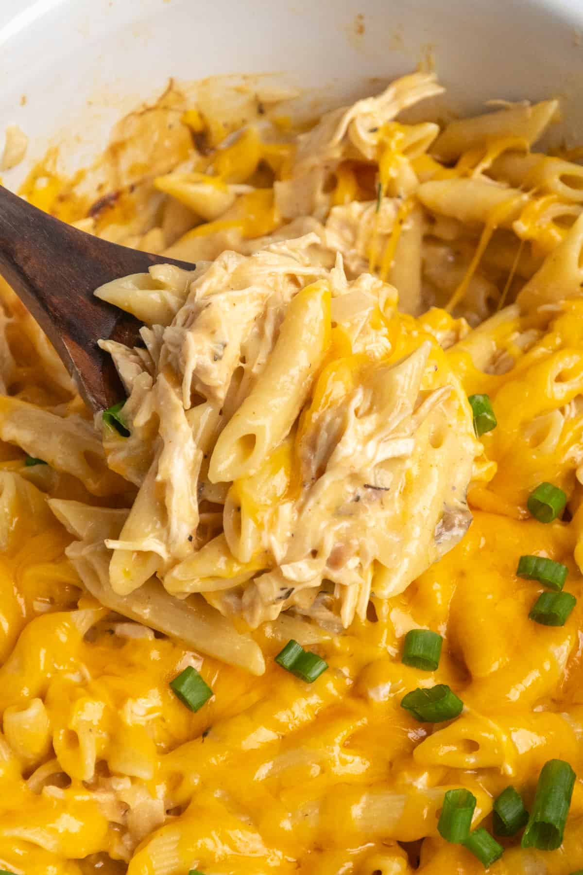 Close up of a wooden spoon holding slow cooker cheesy chicken penne pasta