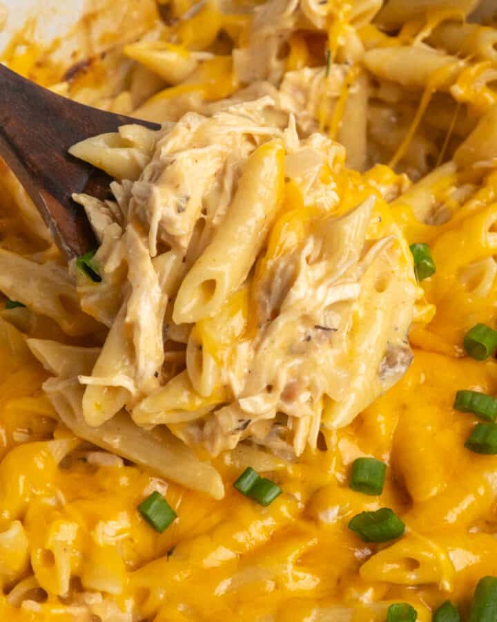 Close up of a wooden spoon holding slow cooker cheesy chicken penne pasta