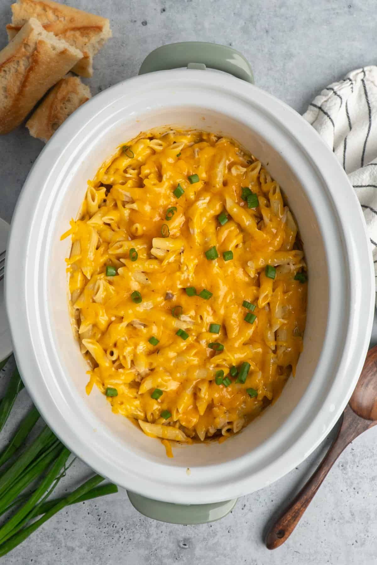 Overhead cheesy chicken penne in a slow cooker